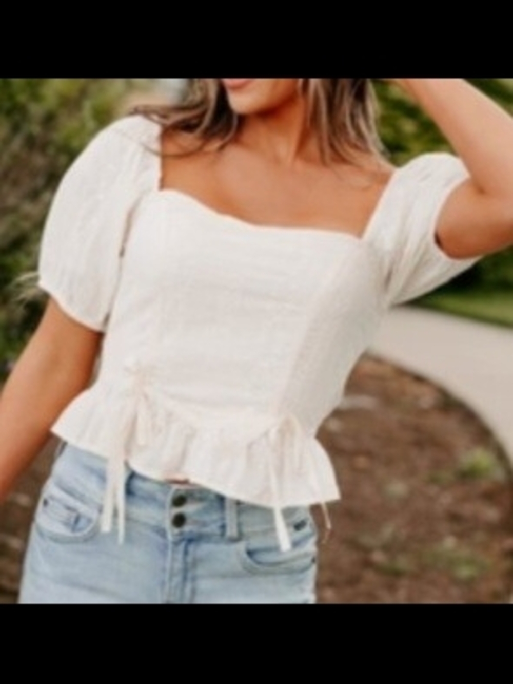 LoveLo Cream Square-Neck Puff Sleeve Ruffled Top